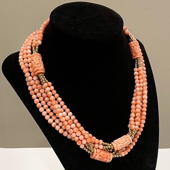 Vintage Angel Skin Coral 14K Gold Carved Shou Bead Triple Strand Necklace - Picture 3 of 12